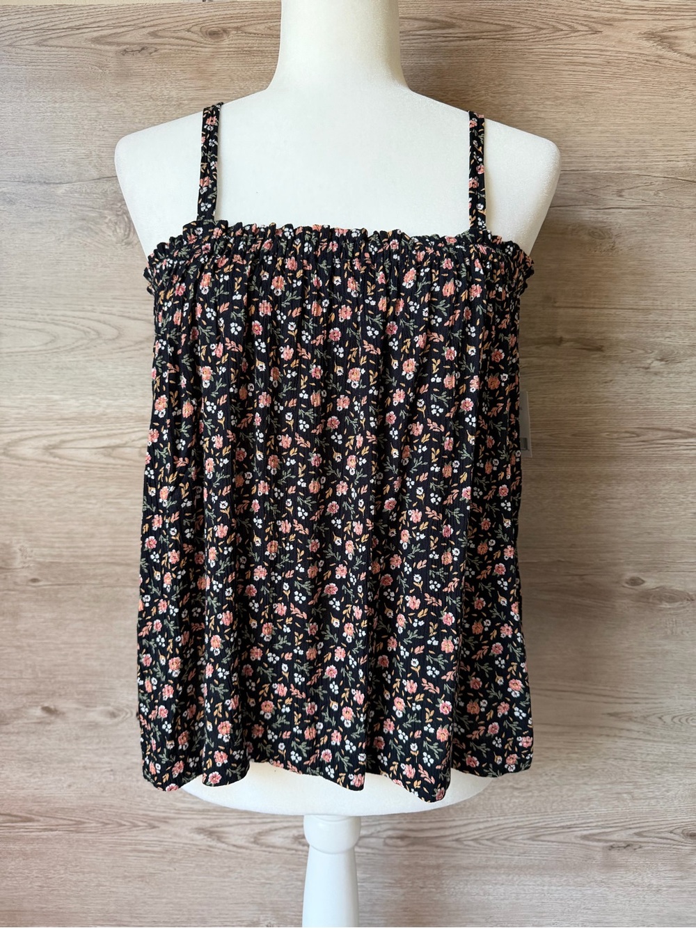 Floral Smocked Babydoll Cami Top XS Black Pink Boho Lightweight NWT